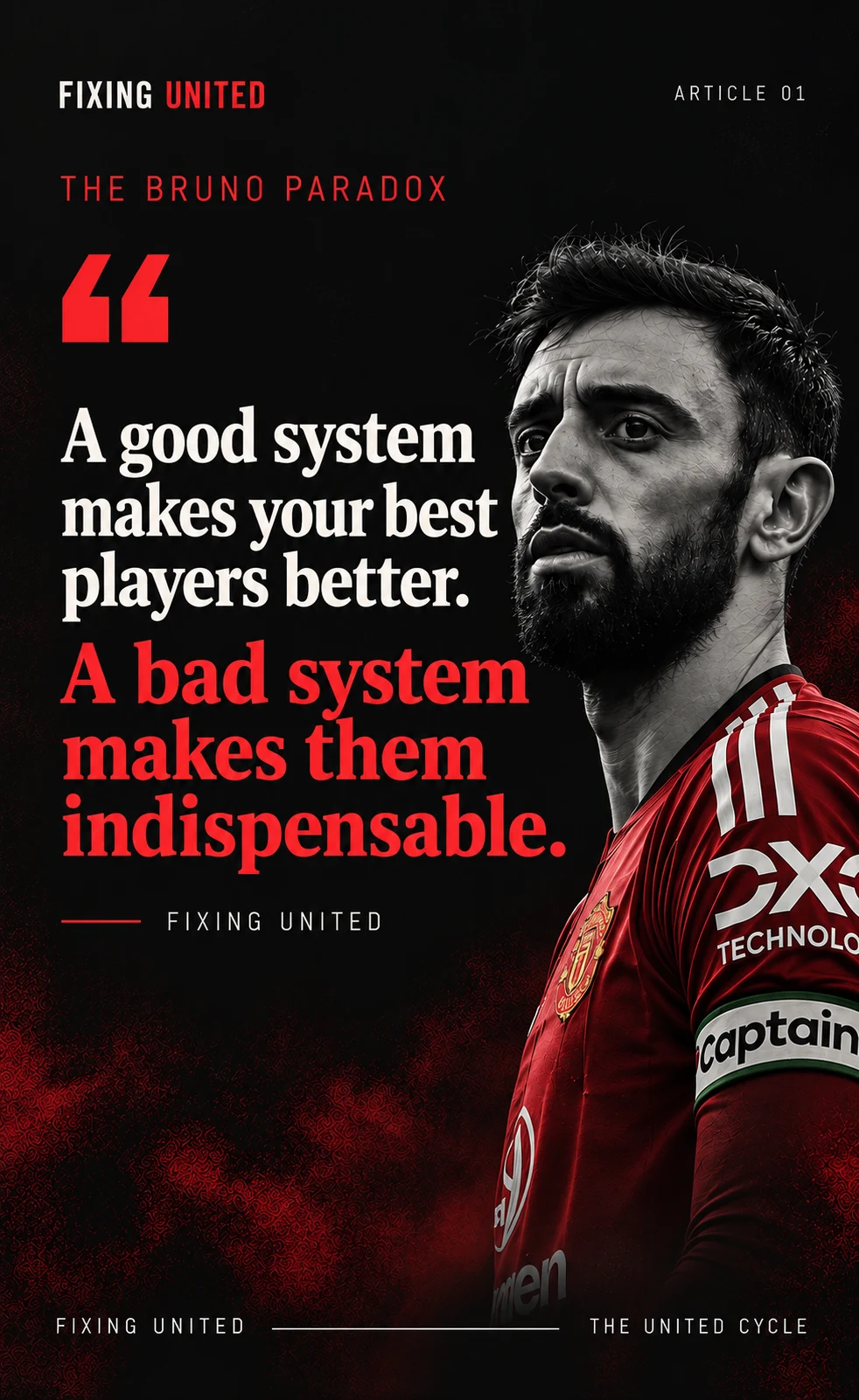 Graphic titled The Bruno Paradox: a black-and-white portrait of Bruno Fernandes in a red United shirt beside the quote 'A good system makes your best players better. A bad system makes them indispensable.'